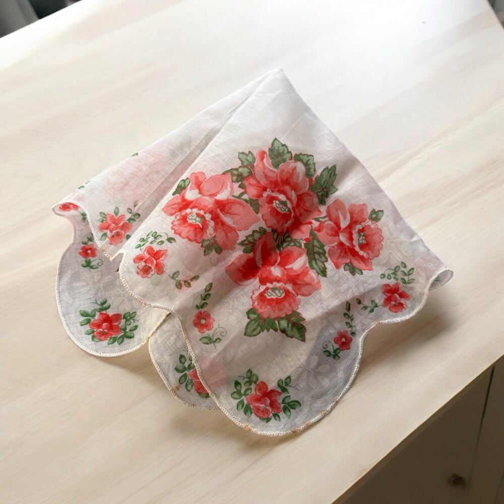 Vintage 1940's Red Floral Iris Blossom Print Hankie Handkerchief